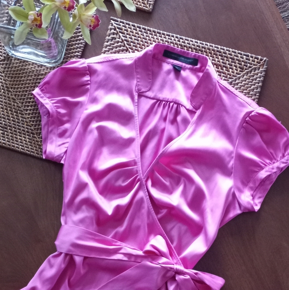 Express Tops - Express Satin Wrap Blouse in Bright Pink